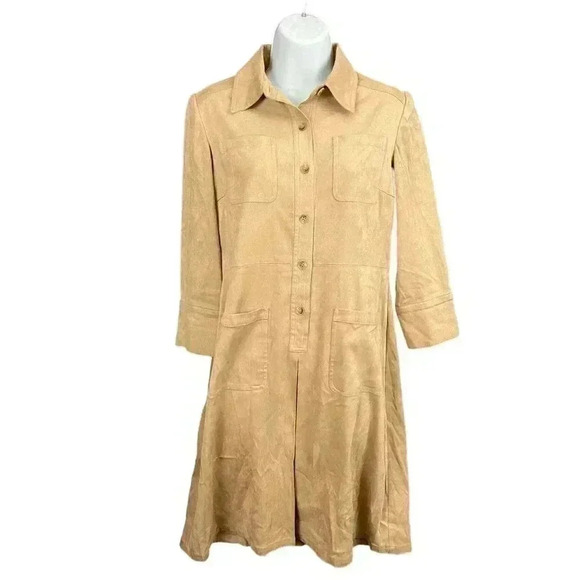 VTG Talbots Faux Suede Button Up Dress Sz 2 Long Sleeve Collared Pockets Petites - Picture 1 of 11